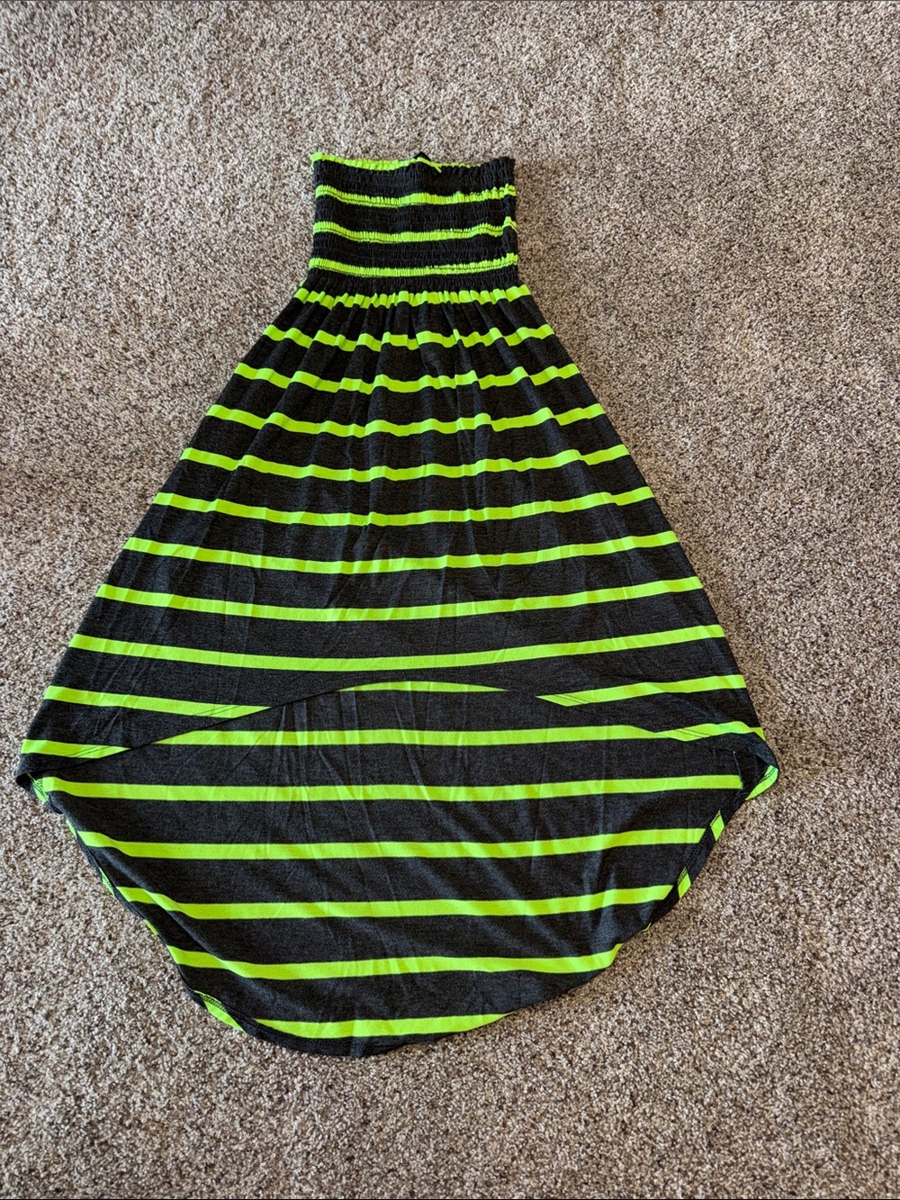 Aqua Black and Neon Green Striped Strapless Casual Dress